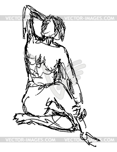 Nude Female Human Figure Sitting on Floor Doodle Ar - vector clipart