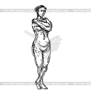 Nude Female Human Figure Posing Standing Doodle - vector image