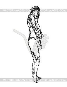 Nude Female Human Figure Posing Standing Doodle - white & black vector clipart