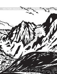 Монохромный художественный каскадный перевал WPA на севере - векторный клипарт Royalty-Free