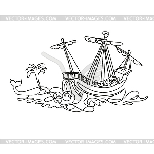 Galleon or Tall Ship Sailing with Whale Continuous - vector image