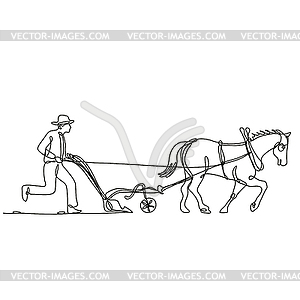 Organic Farmer and Horse Plowing Field Side View - vector clip art