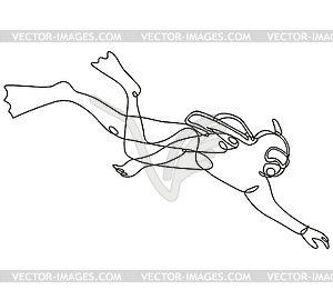 Аквалангист, ныряющий вниз, вид сбоку, непрерывная линия - векторная иллюстрация