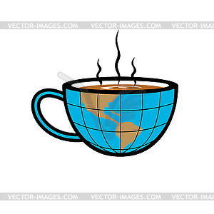 Smoking Hot Cup of Coffee with Half Globe World - vector image