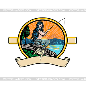 Mermaid or Siren with Fishing Rod and Reel Fly - vector clipart