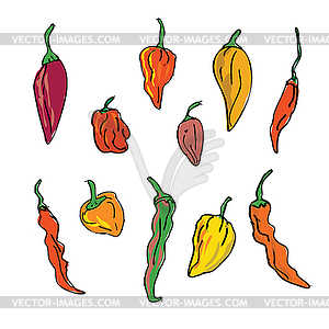 Collection or Set of Different Hot Chili Peppers - vector EPS clipart