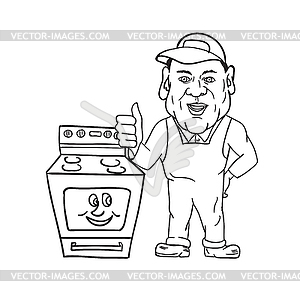 Oven Cleaner With Oven Thumbs Up Cartoon Black and - vector clipart / vector image
