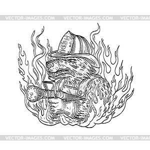 Dog or Wolf Fireman Aiming Fire Hose Wearing - vector clipart