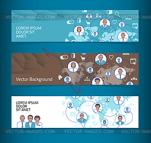 Set of horizontal banners, headers. Business networ - vector clip art