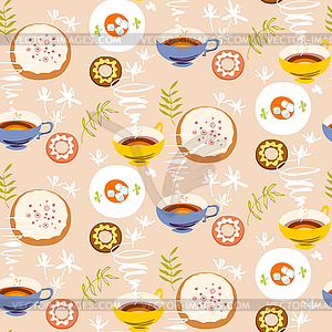 Tea seamless pattern. Stylized tea cups, plates wit - vector EPS clipart