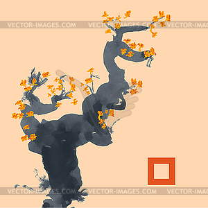 Greeting card template in Japanese style. Blossomin - vector clipart