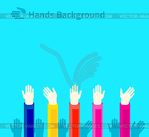 Hands raised up for voting or polling. Brochure, - vector clip art