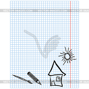 Checkered sheet with simple drawings - vector image