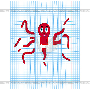 Red octopus on lines of checkered sheet - vector clipart