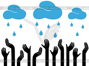 Human hands and raining clouds - vector image