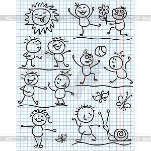 Amusing sun and kids figures in funny scenes - vector clipart