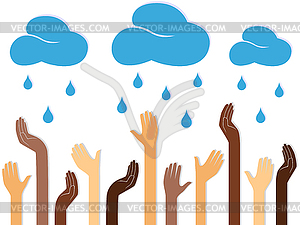 Multicolour Human Hands and Raining Clouds - vector image