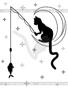 Black cat sitting on moon and catches fish - vector image