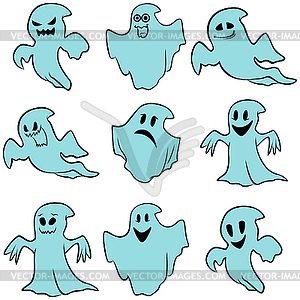 Set of nine blue flying ghosts - vector image
