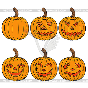 Хэллоуин набор из шести оранжевый тыквы - векторное изображение клипарта