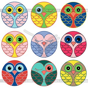 Nine funny owl faces in circle - vector clipart