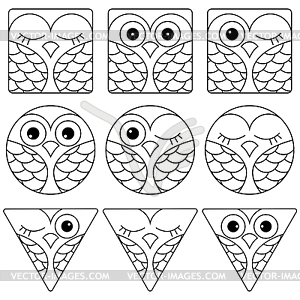 Nine funny owl faces in geometric forms - vector image