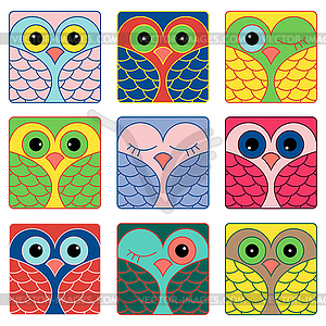 Nine funny owl faces in square shapes - vector image