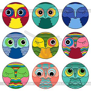 Nine amusing owl faces in circle - vector image