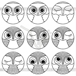 Nine outlines of owl faces in circle - vector clipart