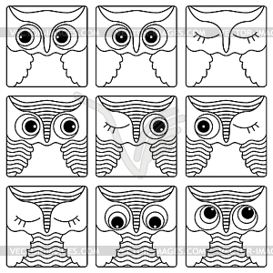 Девять очертания совы лиц в квадратные формы - иллюстрация в векторе