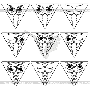 Nine outlines of owl faces in triangle shapes - vector clipart