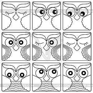 Nine owl faces in square shapes - vector EPS clipart