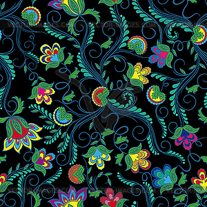 Seamless pattern with bright flowers over black - vector image