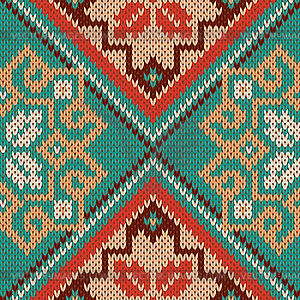 Knitted Seamless Pattern mainly in turquoise and red - vector clipart