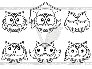 Six amusing owl outlines - vector clipart