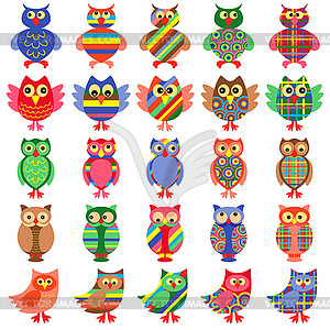 Twenty five amusing colorful owls - vector image