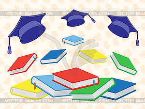 Books and mortar boards on seamless background - vector clip art