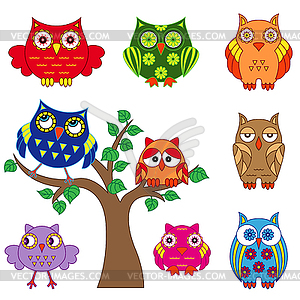 Set of ornamental colorful owls with tree - vector image