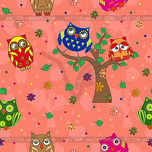 Amusing owls seamless pattern over terracotta - vector clip art