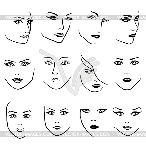 Set of twelve outlines of young women faces - vector clipart / vector image