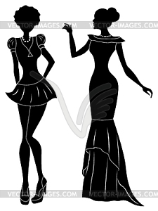 Ladies in short and long dresses stencil silhouettes - vector clipart