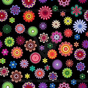 Seamless pattern with bright flowers over black - vector clipart