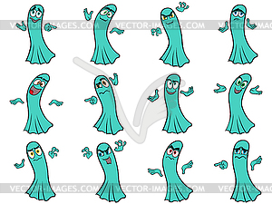 Set of twelve turquoise ghosts - vector image