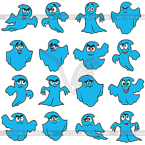 Set of sixteen blue flying ghosts - vector clip art