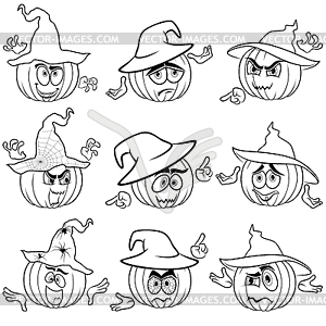 Gesticulating pumpkins outlines in hats - vector EPS clipart