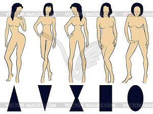 Набор из пяти женских типов фигуры с условным - векторный клипарт / векторное изображение