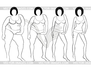 Four stages of female slimming, contours - vector clipart