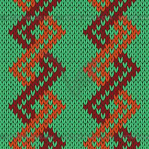 Knitting seamless zigzag pattern in green, orange - vector image