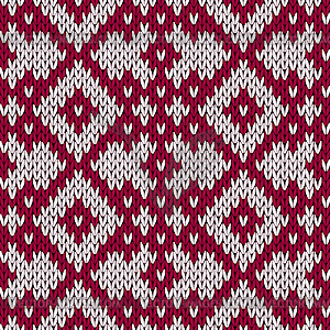 Knitting ornate seamless pattern in dark red and - vector image