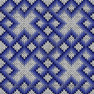 Knitting ornate seamless pattern in blue and white - vector image